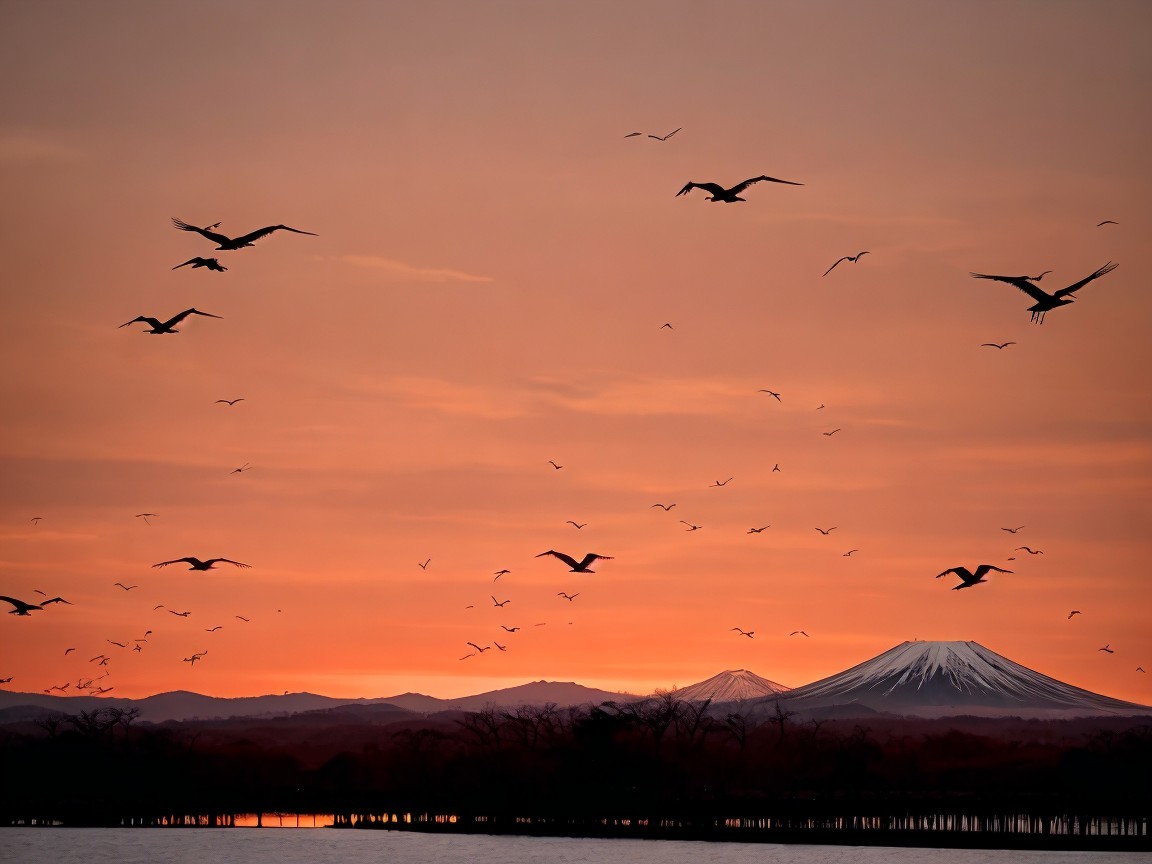 Sunset Over Lake with Mountains and Birds in Flight