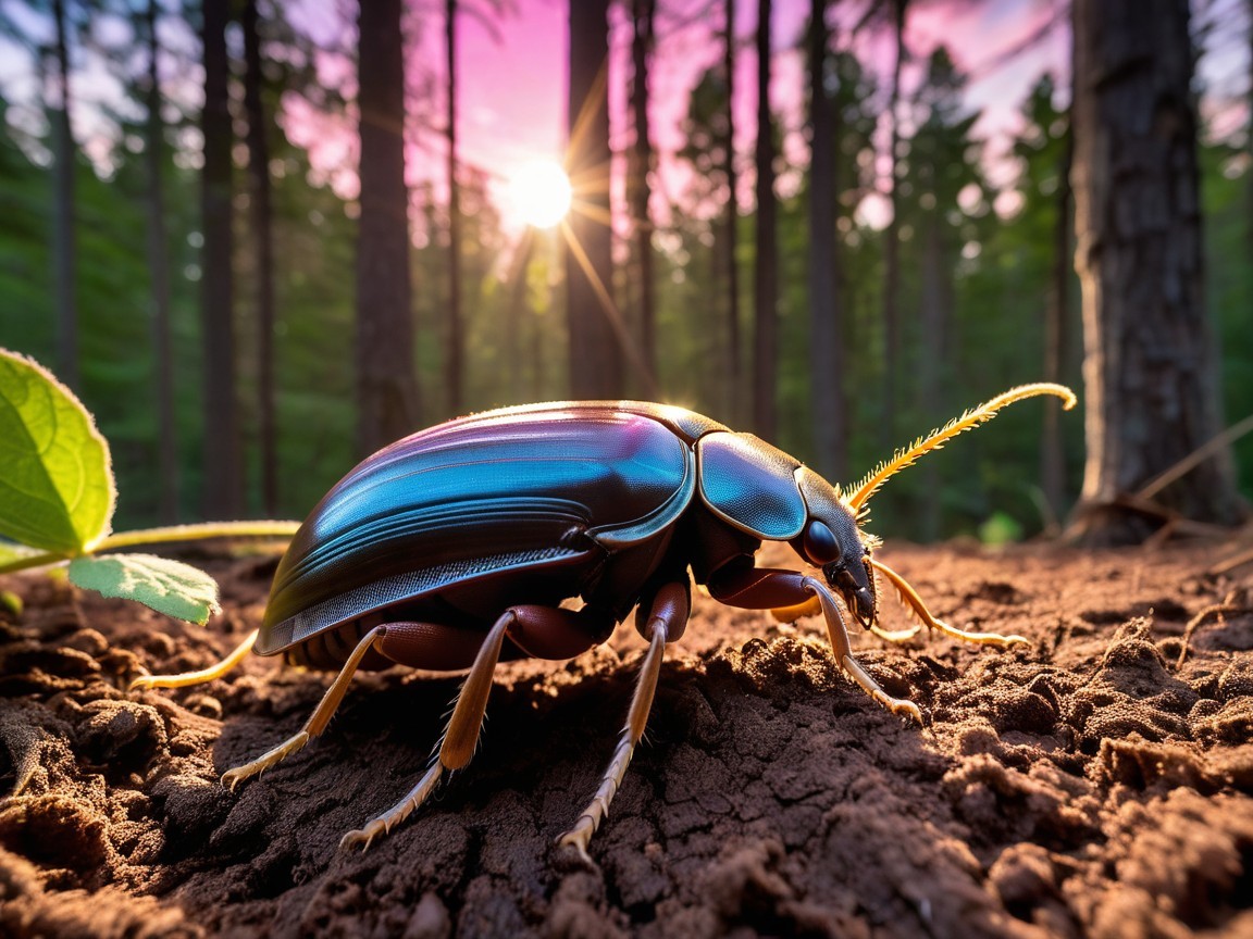 Iridescent beetle on forest floor with sunlight backdrop