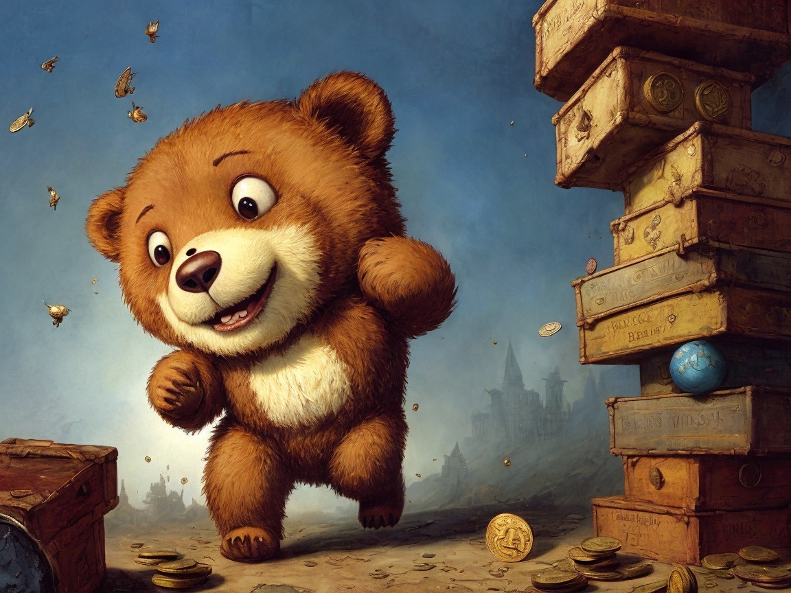 Cartoonish bear cub dancing among treasure and butterflies