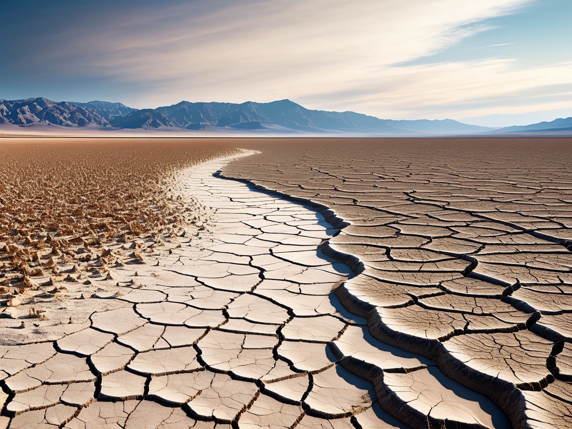 Desert Landscape with Cracked Earth and Mountains