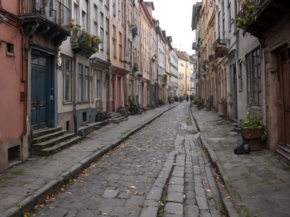 Narrow Cobblestone Street with Pastel Buildings and Balconies