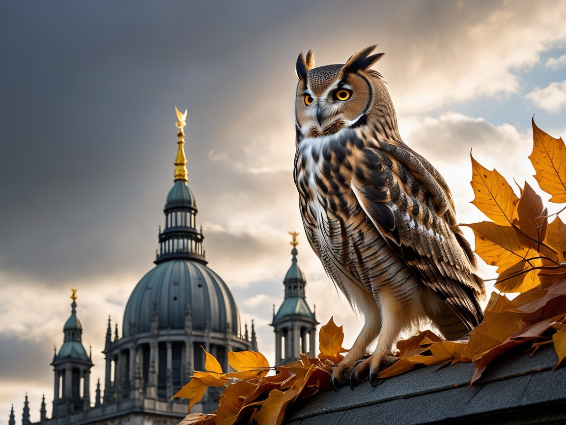 Majestic owl on a roof with autumn leaves and dome