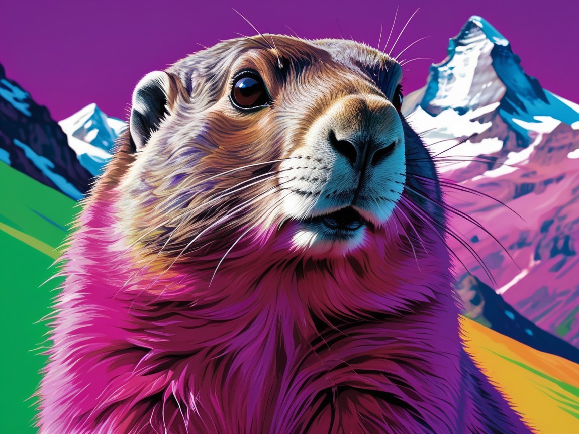 Stylized Marmot Portrait with Colorful Mountain Background
