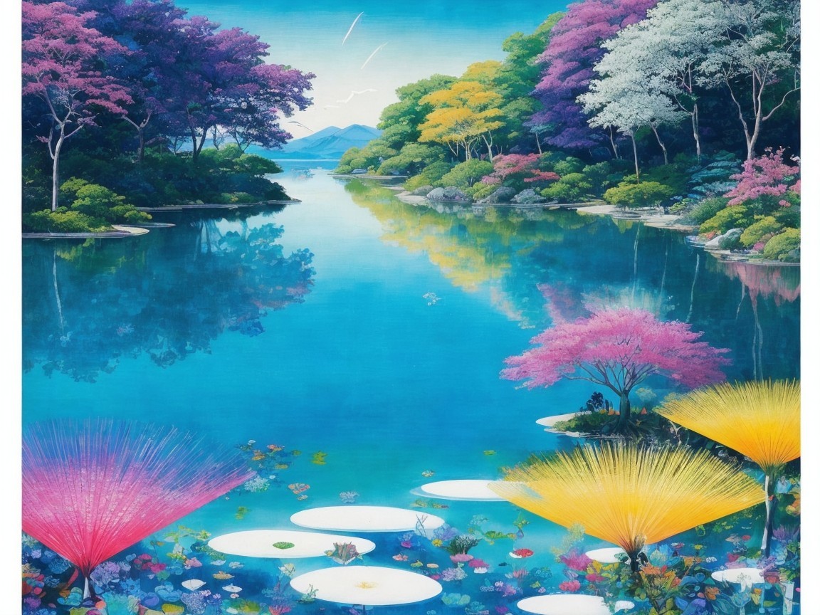 Tranquil Lake Surrounded by Blossoms and Mountains