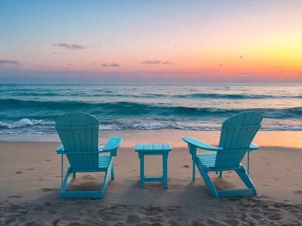 Light Blue Adirondack Chairs on Sandy Beach at Sunset