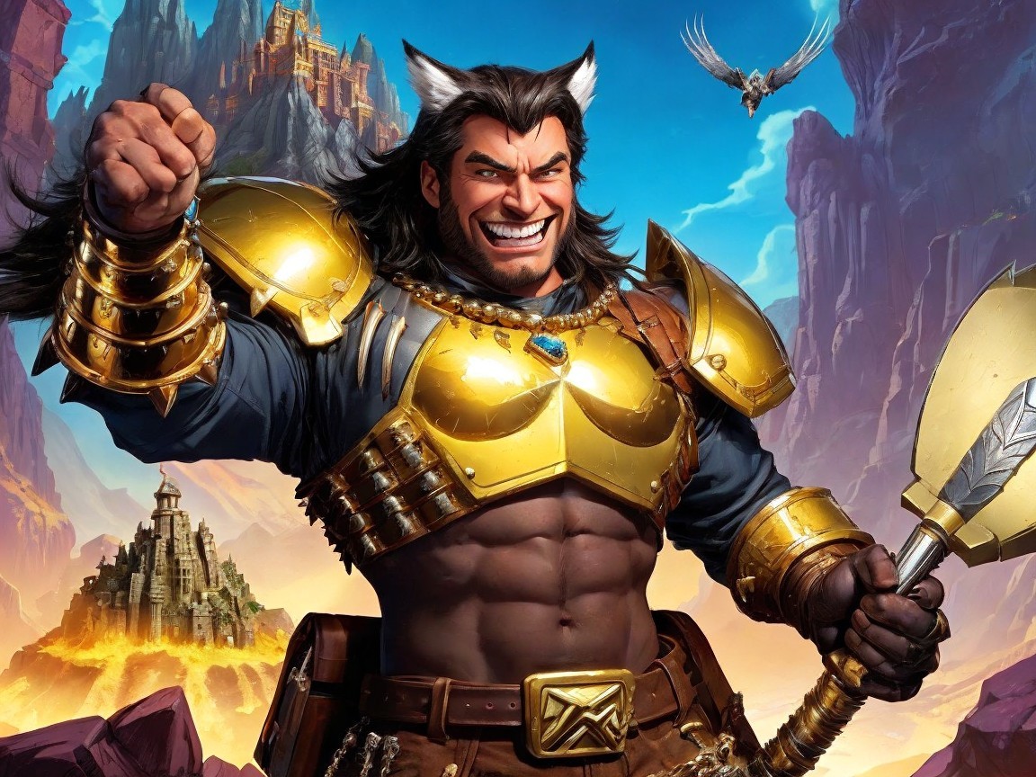 Muscular Warrior in Golden Armor with Spear and Eagle