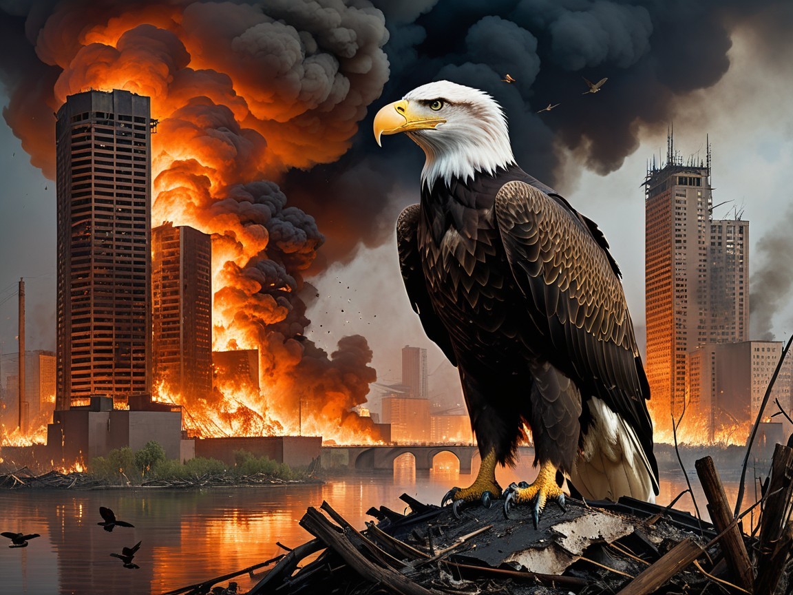 Bald Eagle Overlooks City in Flames and Smoke