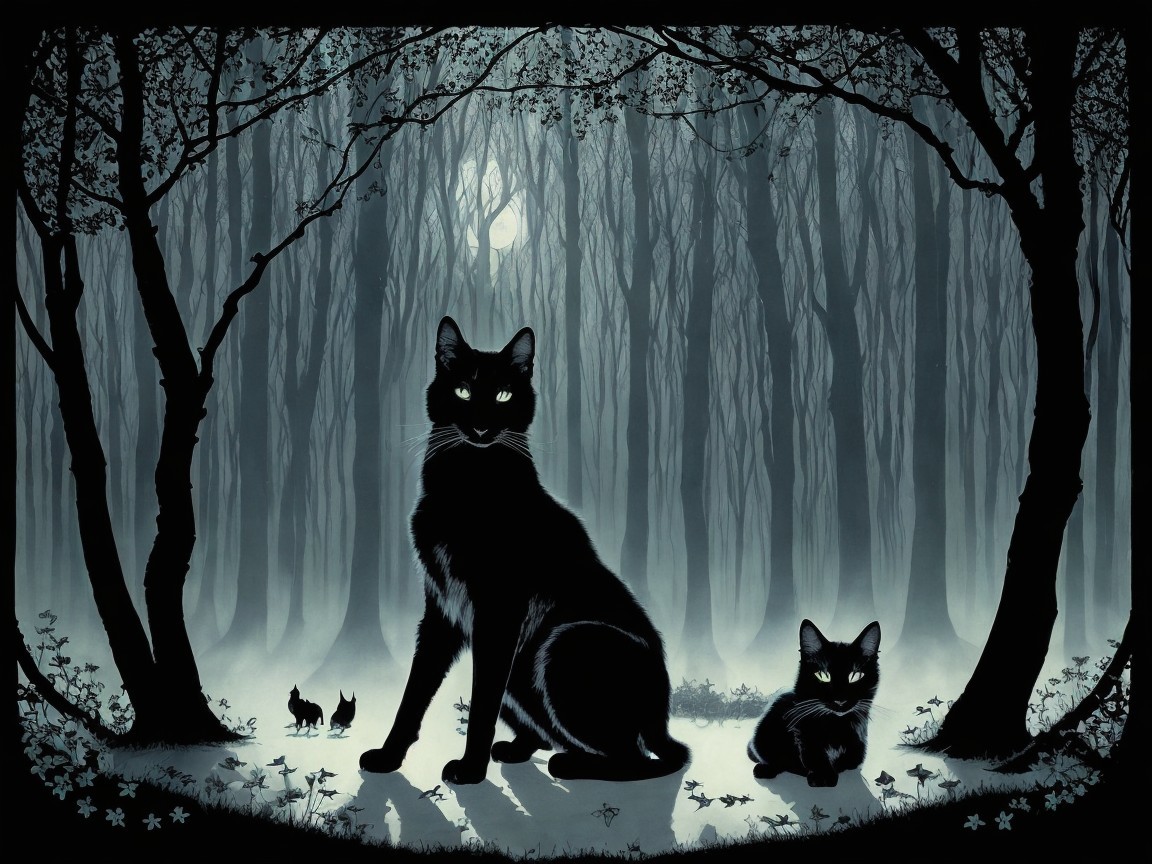 Mystical Forest Scene with Black Cats and Moonlight