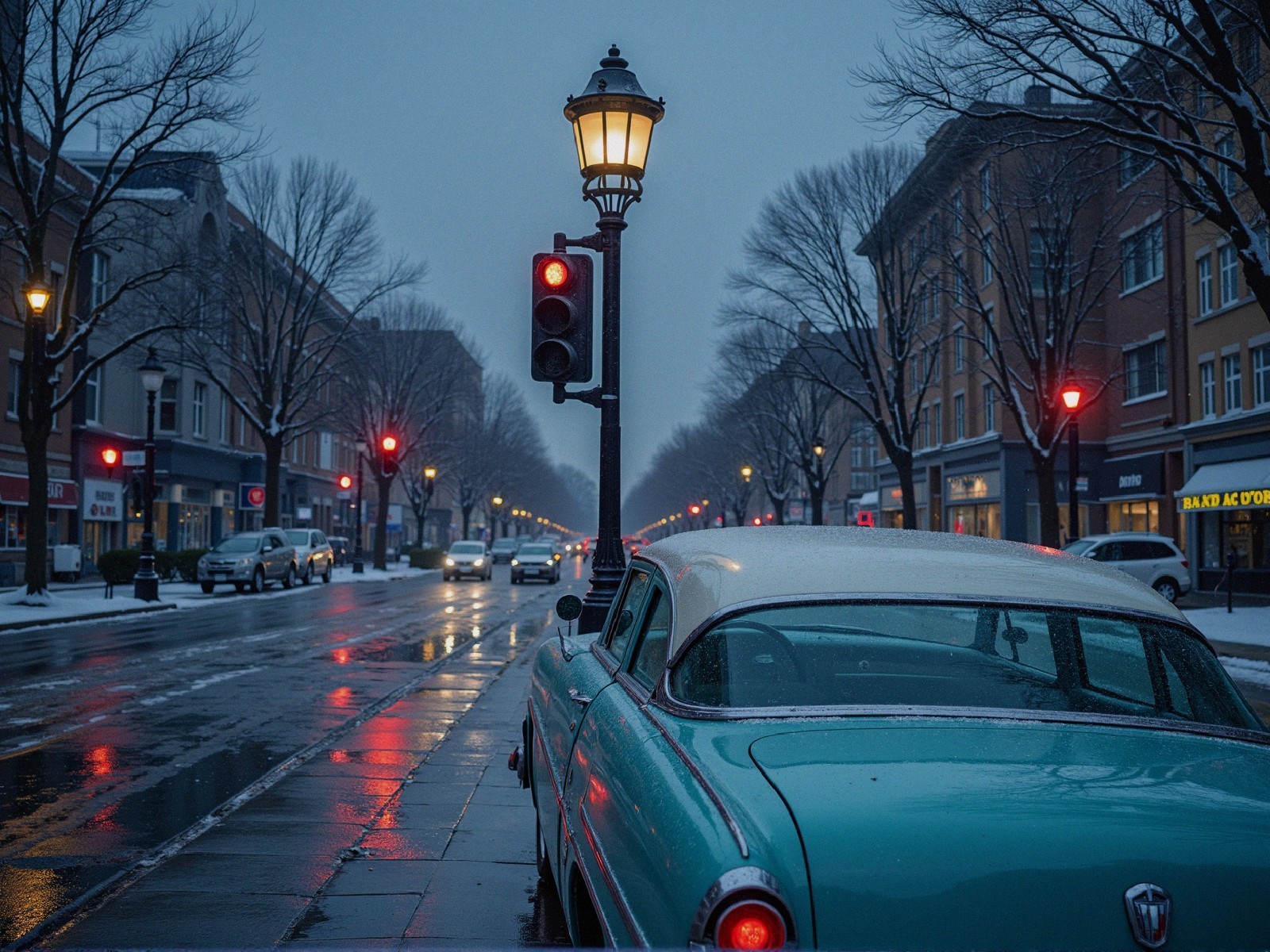 Vintage Turquoise Car in Snowy Street Scene