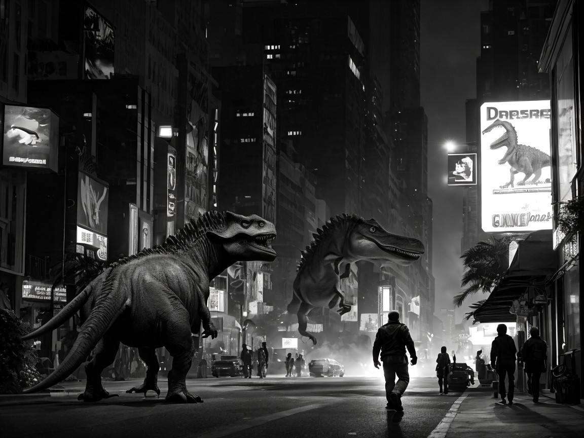 Dinosaurs Roaming a Neon-Lit City at Night
