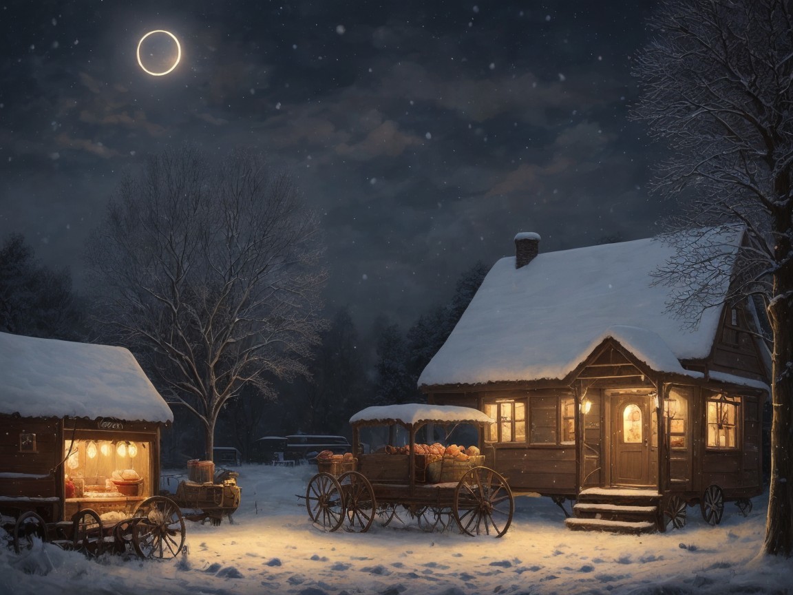 Cozy Snow-Covered Cabin Under Moonlit Sky