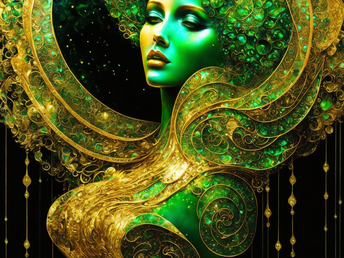Surreal Figure with Green Skin and Golden Hair Details