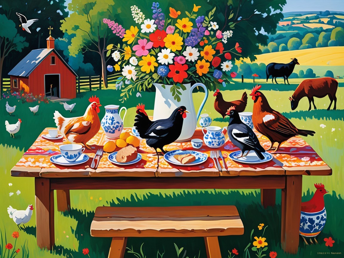 Vibrant Outdoor Table Setting with Chickens and Barn