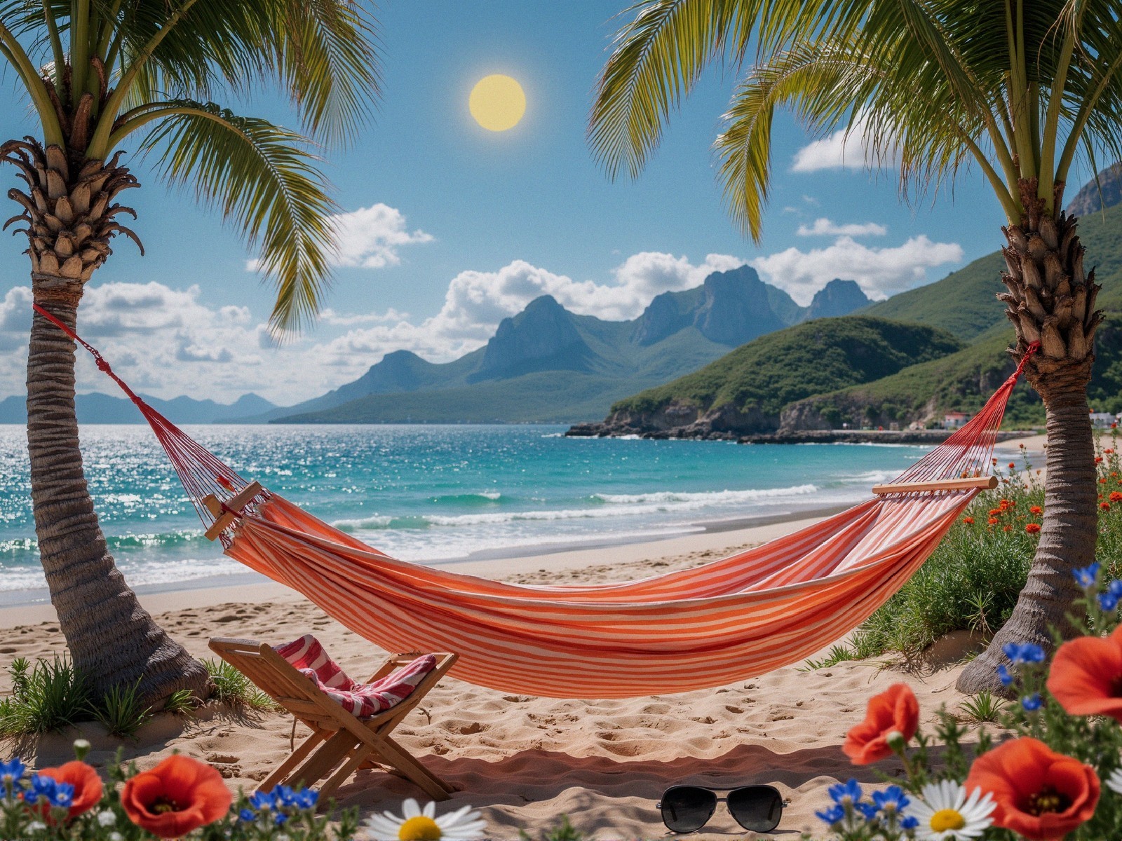 Serene beach scene with hammock and tropical elements
