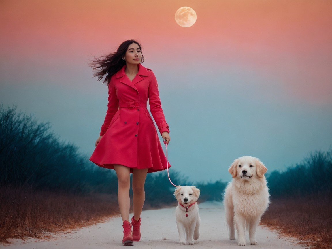 Woman in red coat walks dogs at twilight under moon