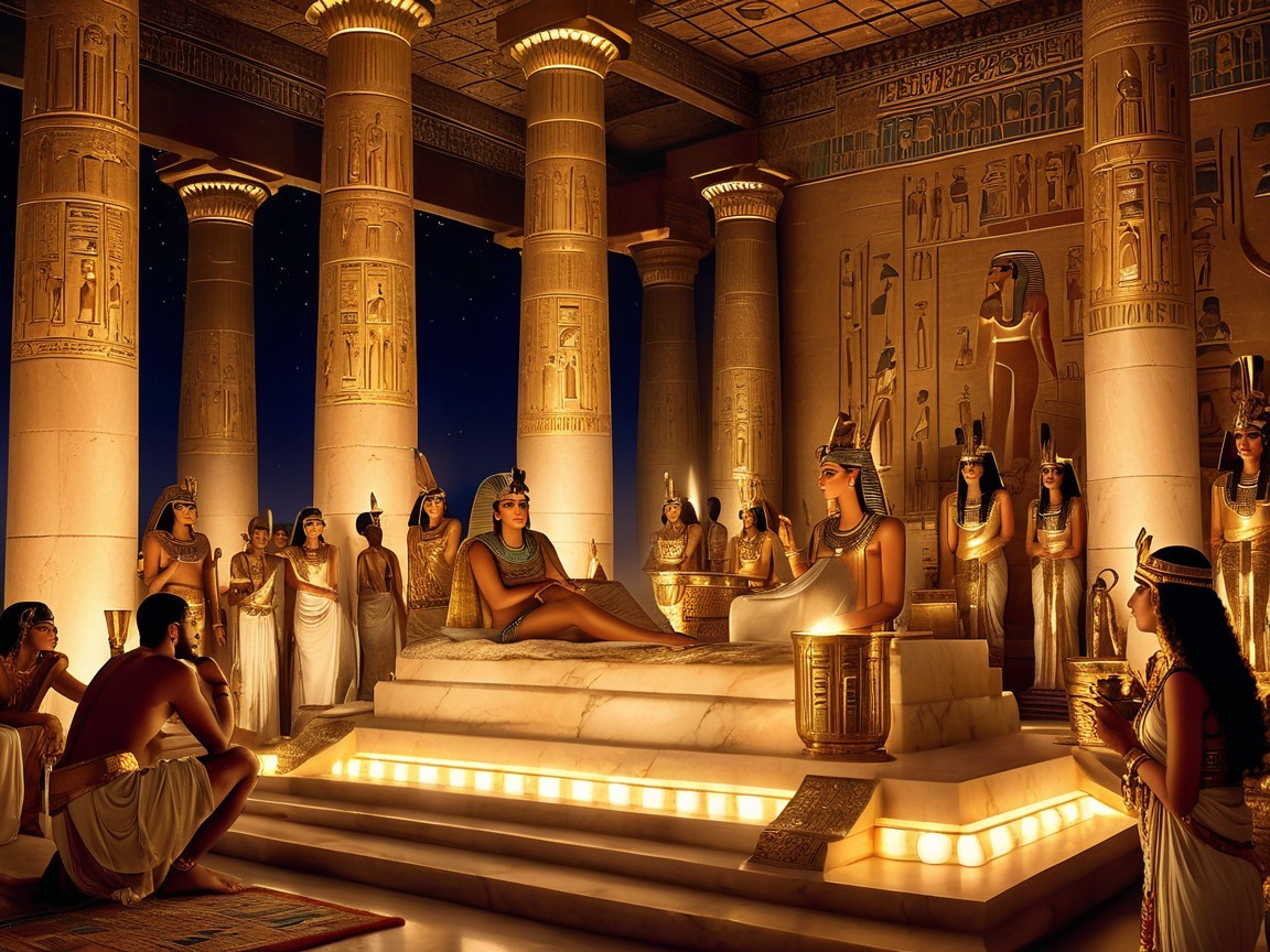 Regal Woman on Throne in Ancient Egyptian Palace