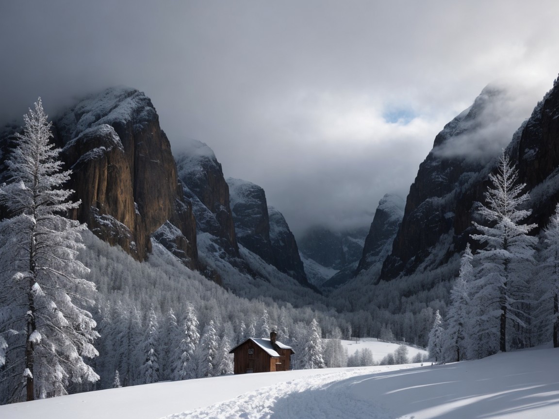 Tranquil Winter Scene with Cabin and Snowy Mountains