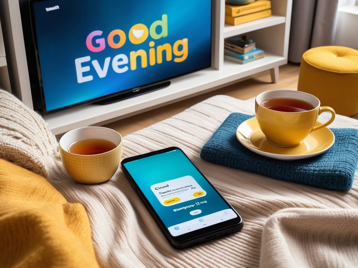Cozy Living Room with Colorful TV and Tea Setup