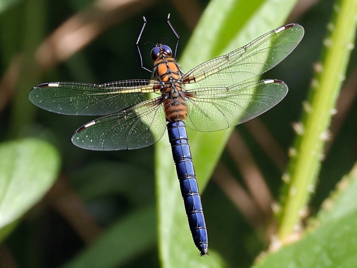 Close-up of a vibrant dragonfly on green foliage
