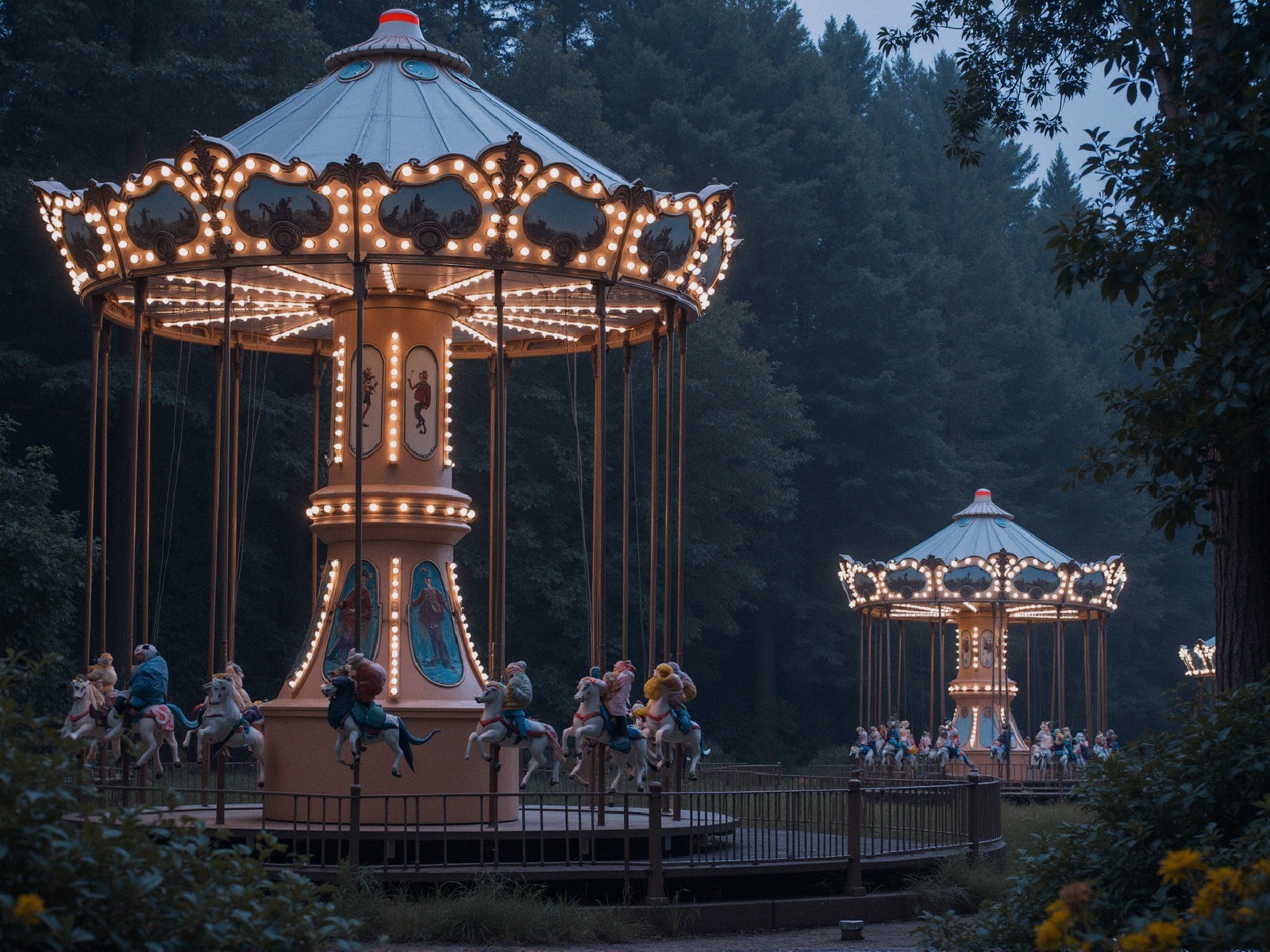 Dark Romantic Photograph of Vintage Carousels at Dusk