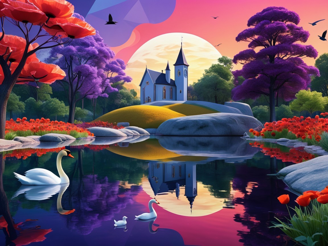 Digital painting of a serene landscape with swan family