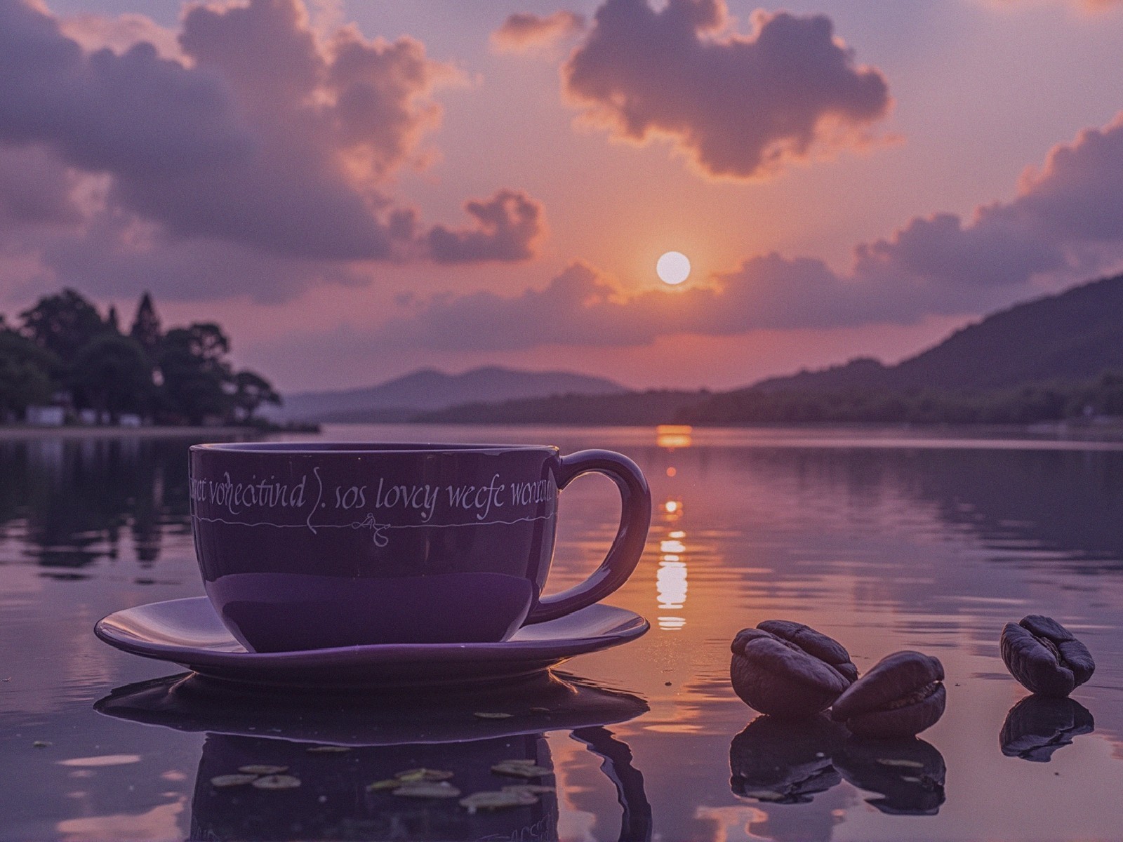 Purple Coffee Cup by Serene Lake at Sunset
