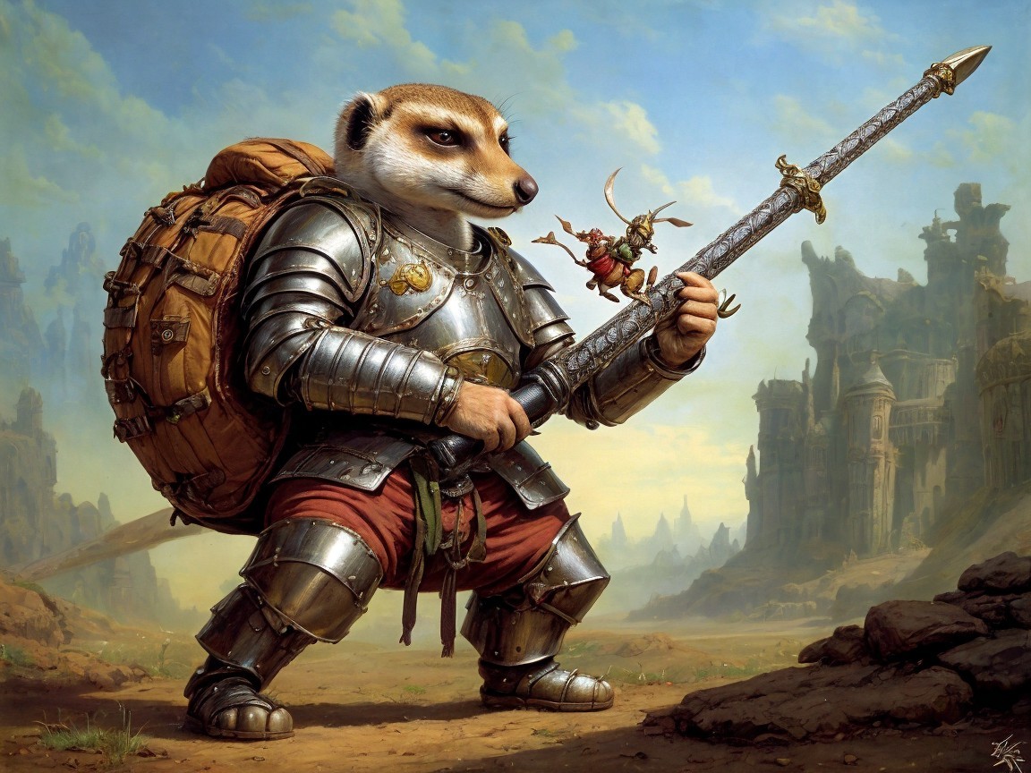 Armored Meerkat with Spear in Ancient Ruins Scene