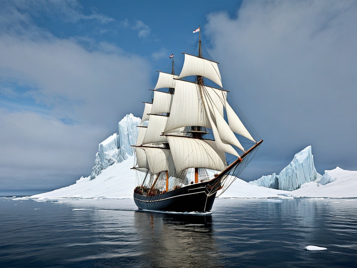 Tall Ship Sailing Among Icebergs in Arctic Waters