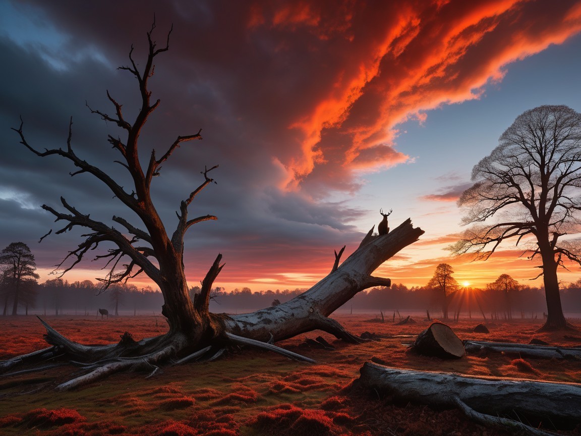 Sunset Landscape with Dramatic Sky and Silhouetted Stag