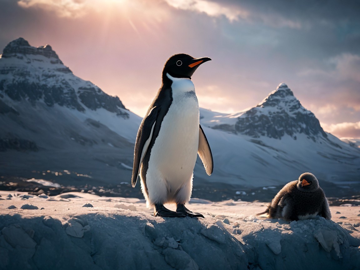 Penguin on Snowy Landscape with Chick and Mountains