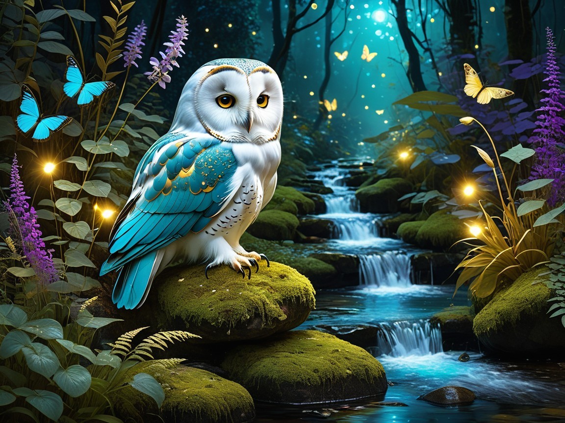 Majestic Owl Among Mossy Rocks by a Serene Stream