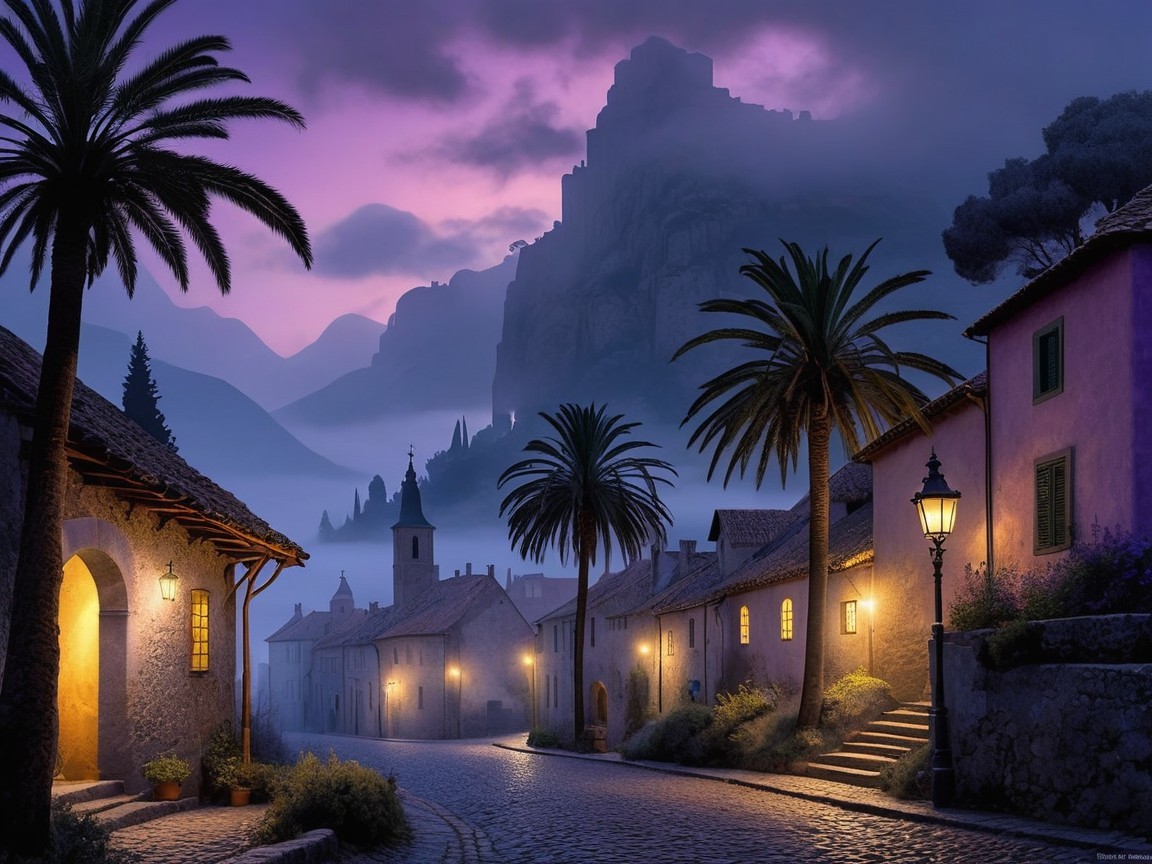 Tranquil Village Scene at Dusk with Cobblestone Streets