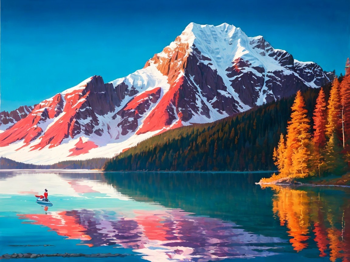 Tranquil Lake with Snow-Capped Mountains and Autumn Trees