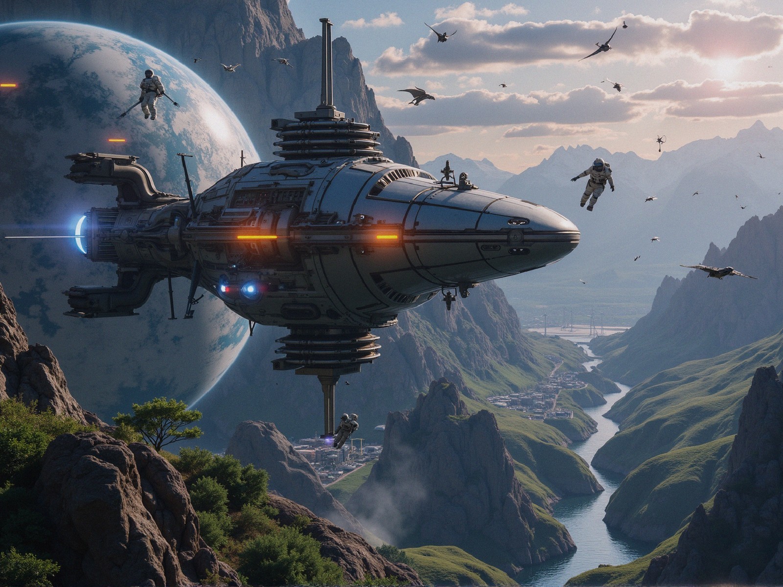 Futuristic Spacecraft Over Mountainous Landscape