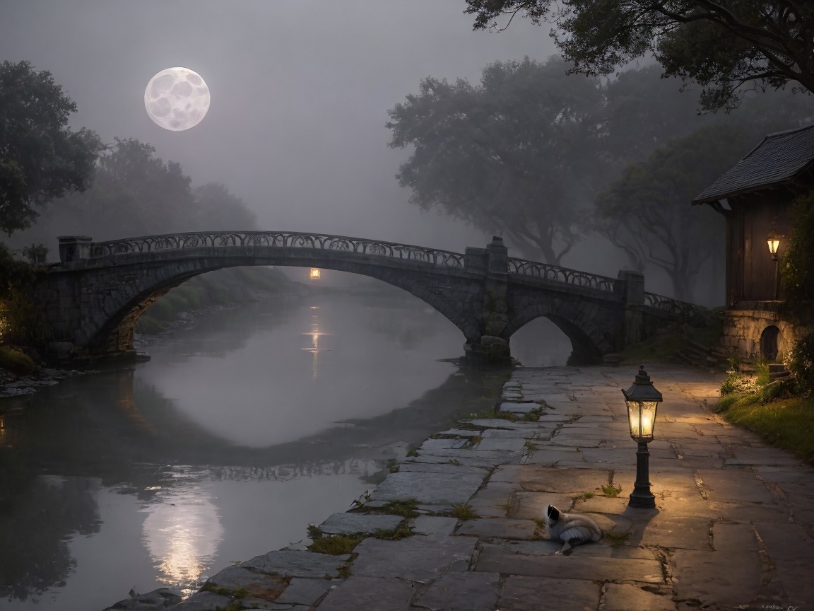 Misty Landscape with Stone Bridge and Moonlit River