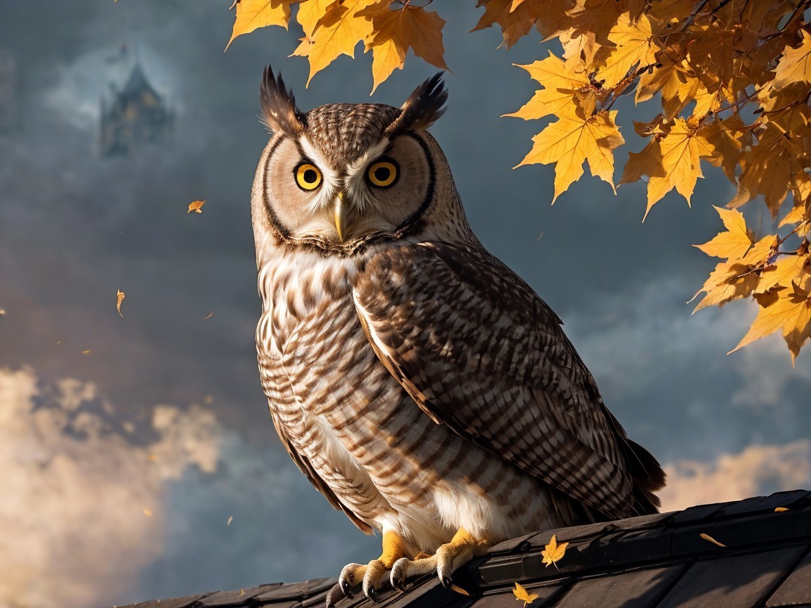 Majestic owl on rooftop with autumn leaves and clouds