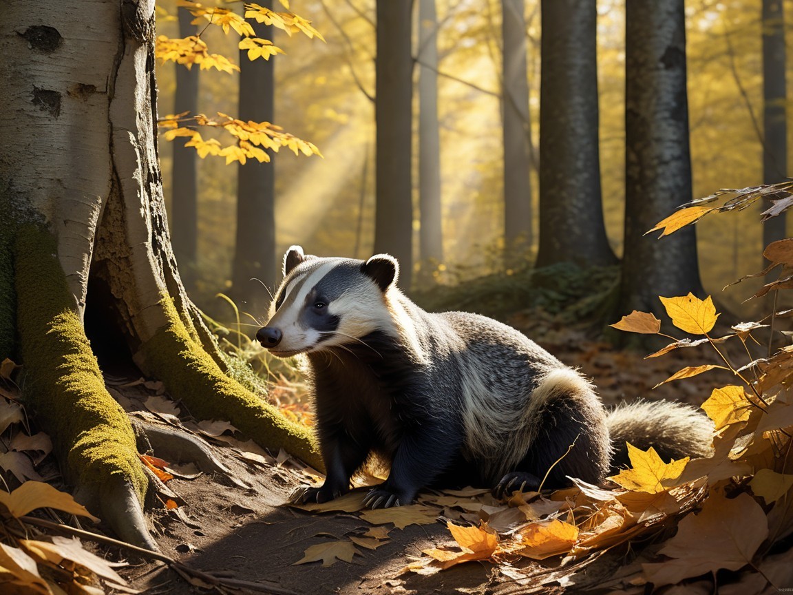 Realistic Badger in Autumn Forest with Sunlight