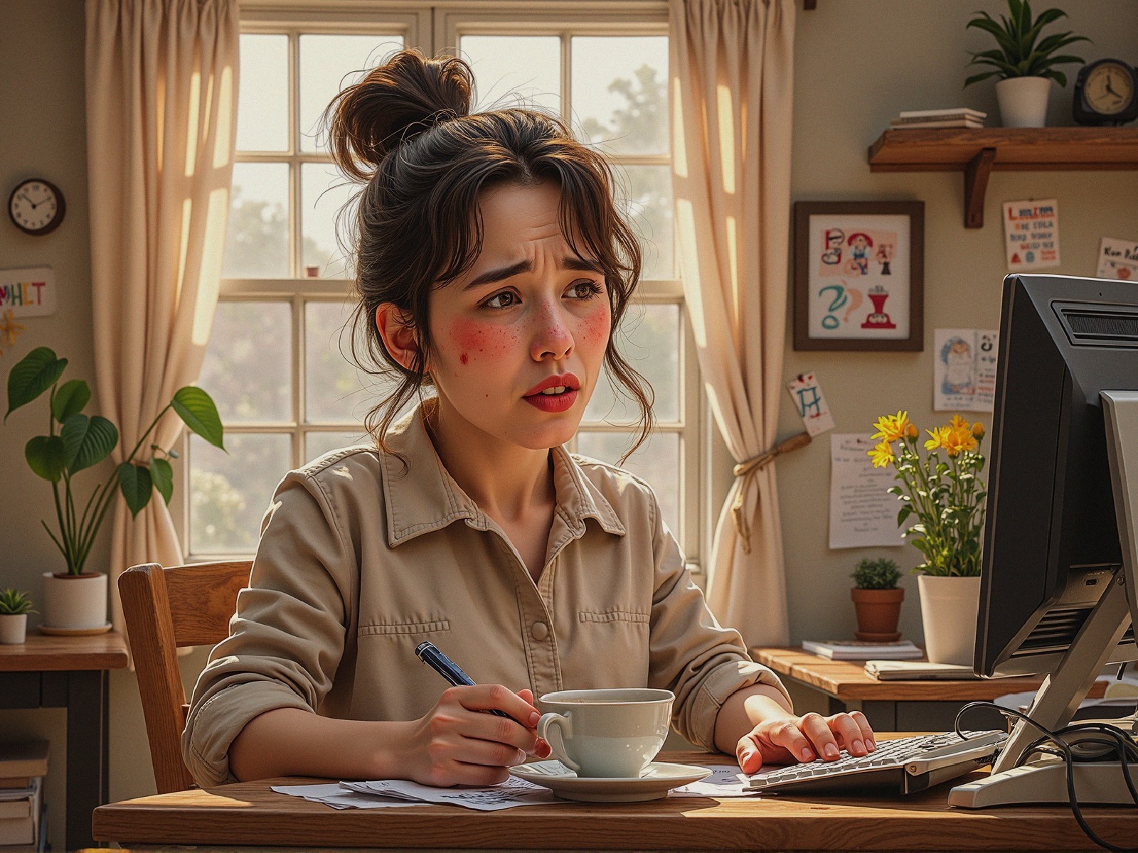 Young woman working at a desk in a sunlit room
