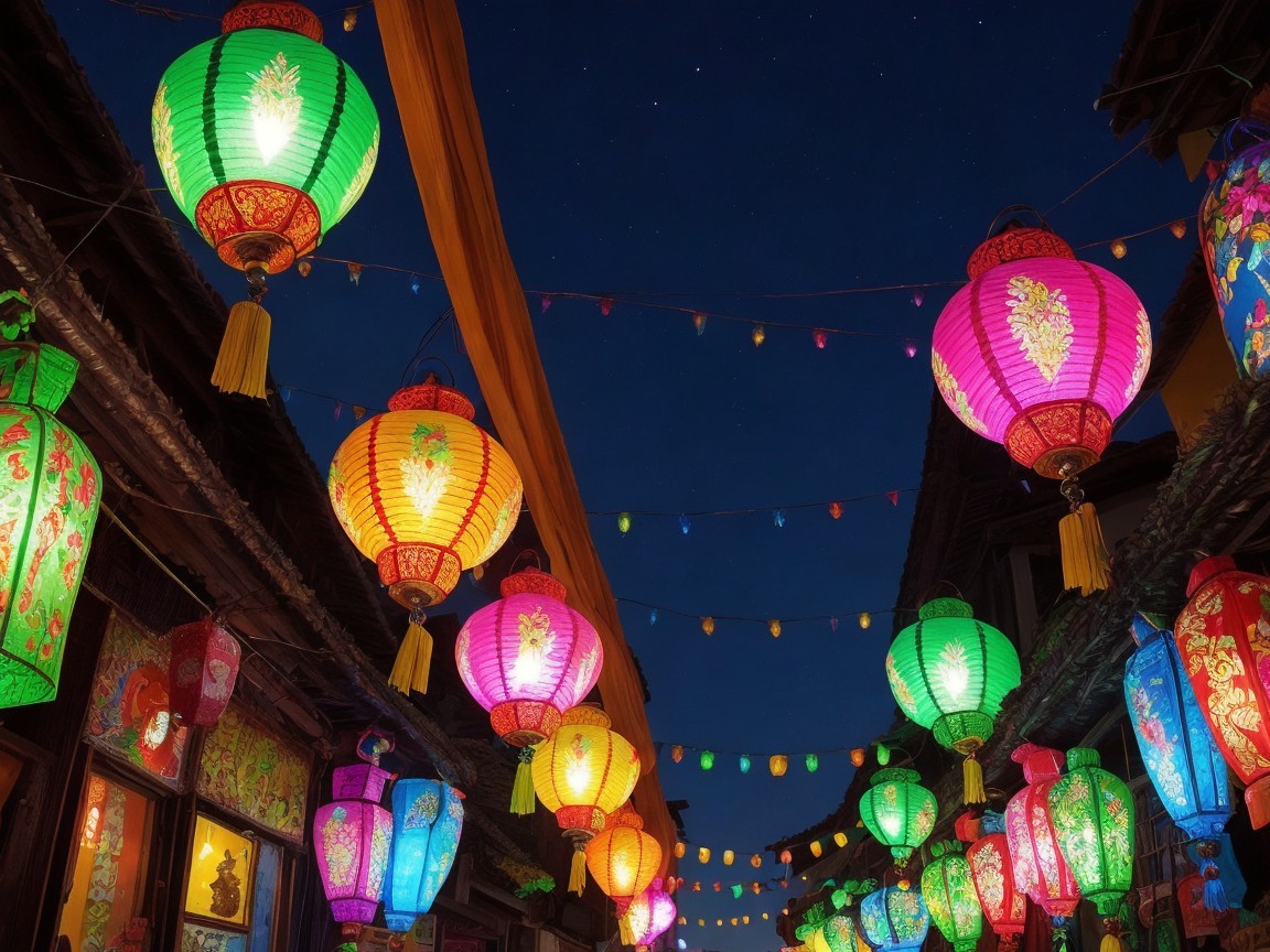 Colorful Lanterns Illuminate a Night Street Scene
