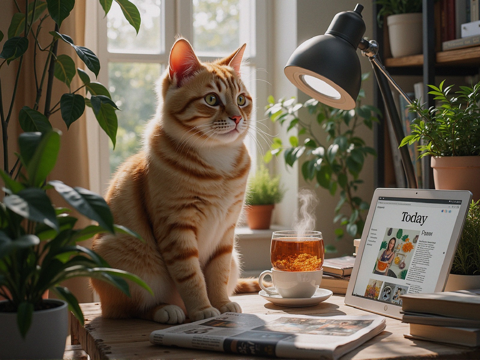 Ginger Cat on Table with Tea and Tablet in Sunlight