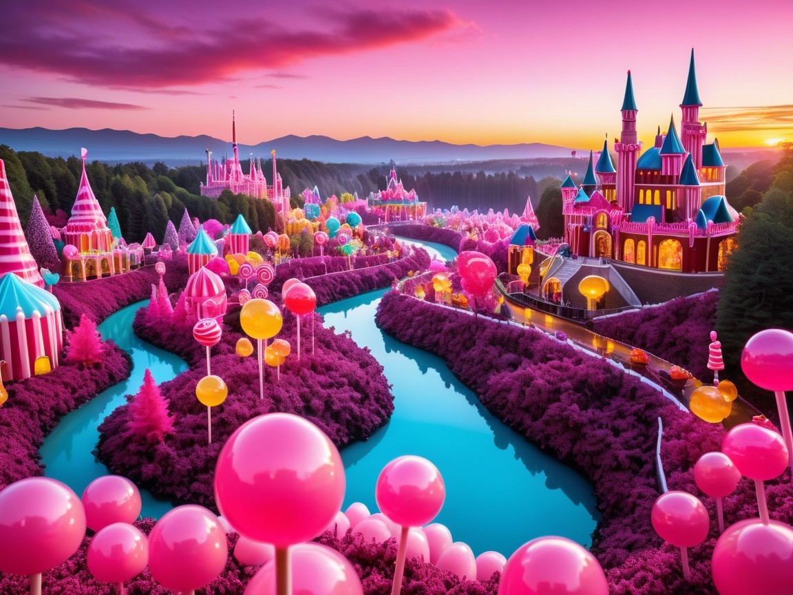 Whimsical Candy Kingdom Landscape at Sunset
