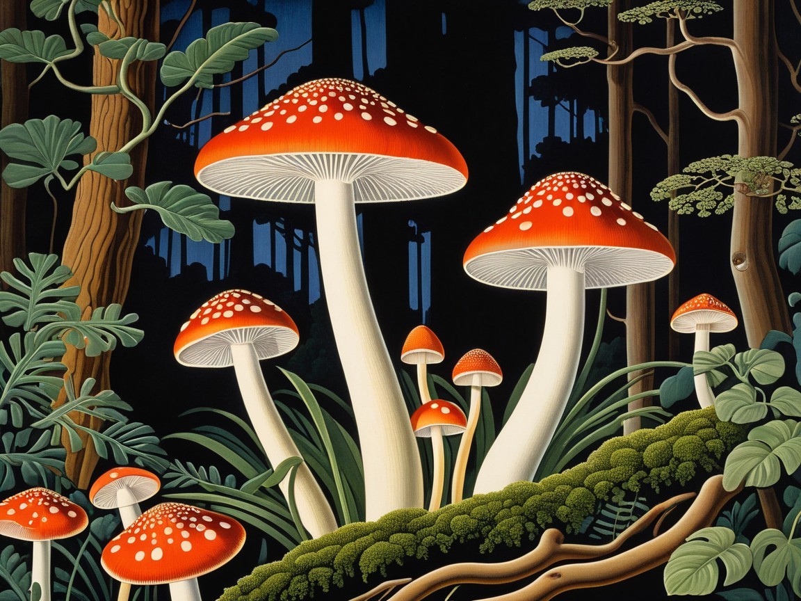 Polka Dot Mushrooms in a Dark Forest at Night