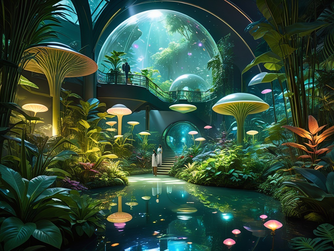 Bioluminescent Garden with Glowing Mushrooms and Pond