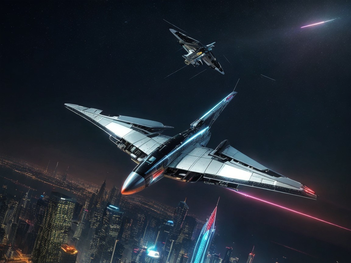 Futuristic City Skyline with Aerial Spacecraft Showdown