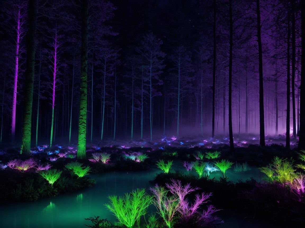 Mystical Forest Scene with Vibrant Lights and Mist