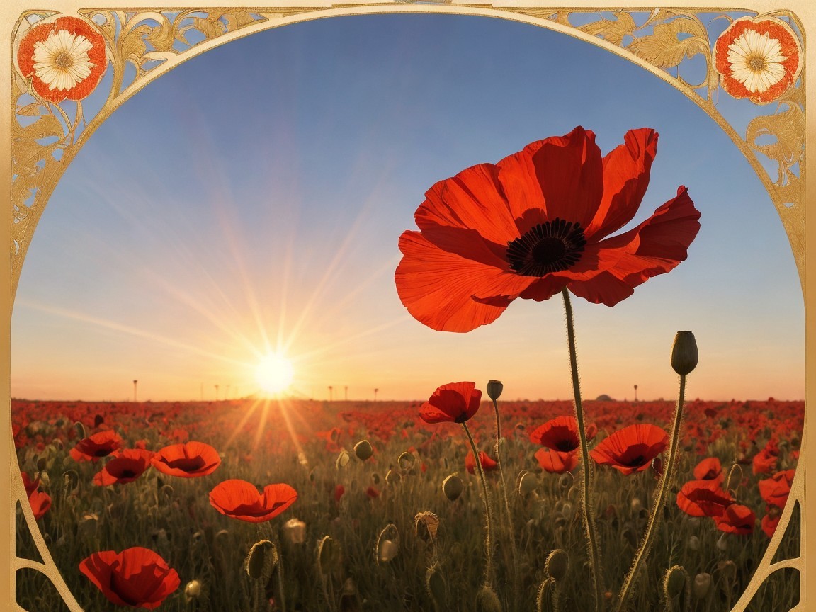 Vibrant Red Poppy Field Under a Golden Sky