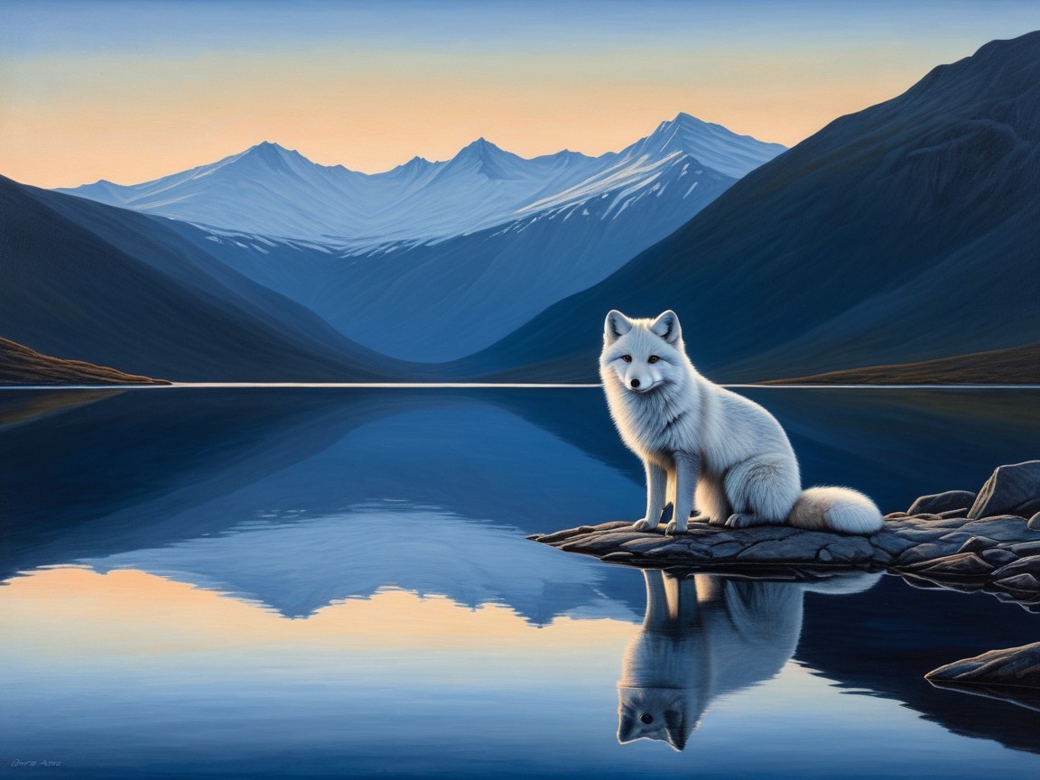 Serene Arctic Landscape with White Fox and Mountains