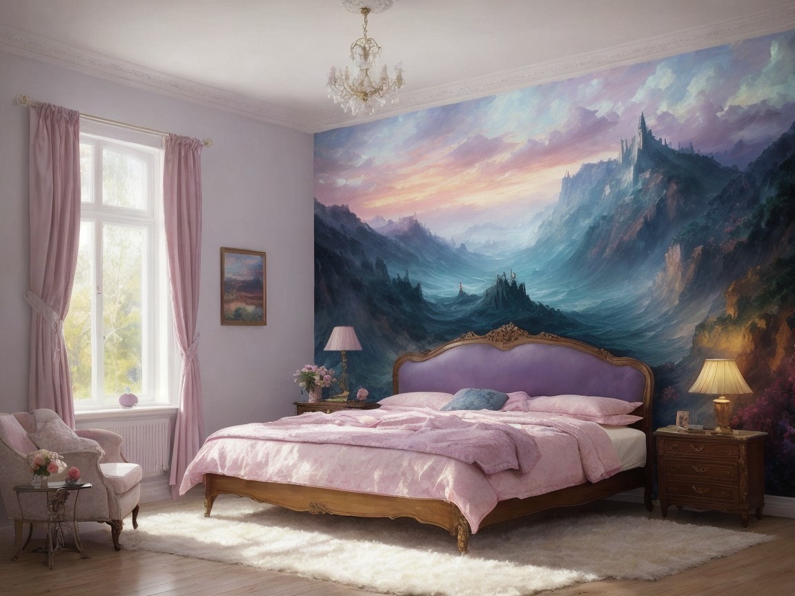 Lavender Bedroom with Mountain Mural and Cozy Decor