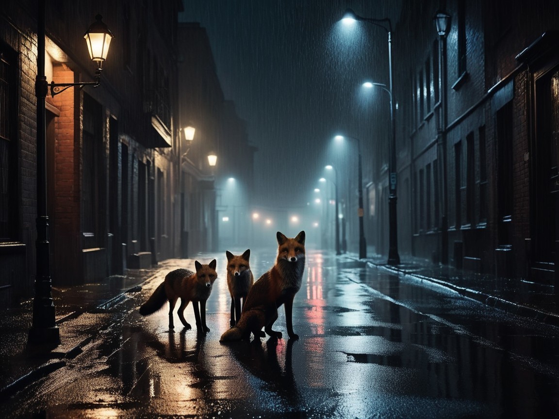 Foxes on Rainy Cobblestones Under Vintage Street Lamps