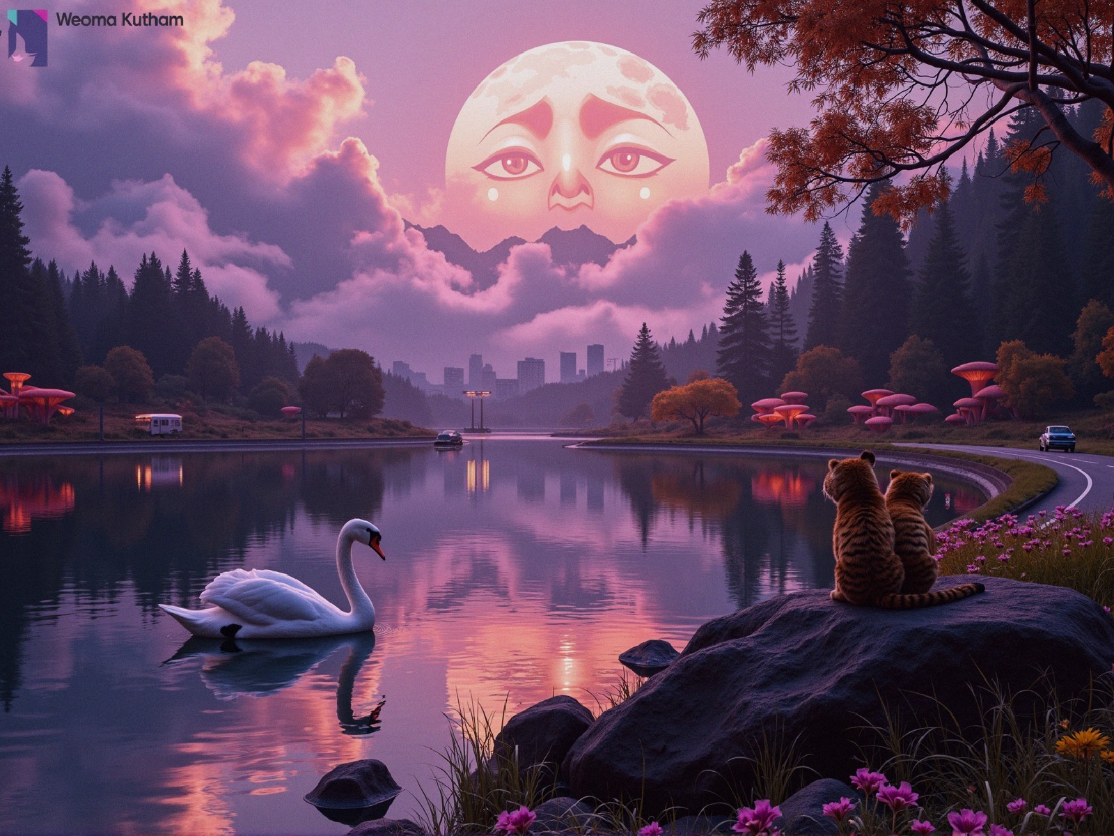 Twilight Landscape with Moon, Tiger Cub, and Swan